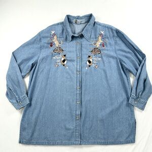 Passion Embroidered Cat Yarn Shirt Womens 1X Blue Denim Button Up Novelty VTG